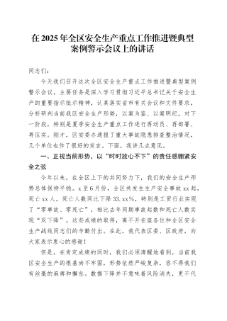 在2025年全区安全生产重点工作推进暨典型案例警示会议上的讲话