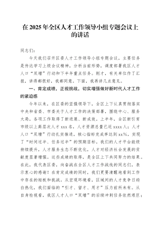 在2025年全区人才工作领导小组专题会议上的讲话