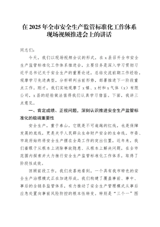 在2025年全市安全生产监管标准化工作体系现场视频推进会上的讲话