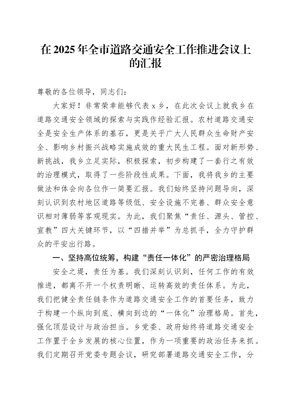 在2025年全市道路交通安全工作推进会议上的汇报_第1页