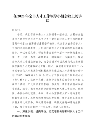 在2025年全市人才工作领导小组会议上的讲话