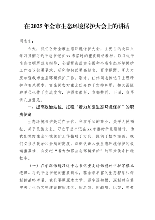 在2025年全市生态环境保护大会上的讲话