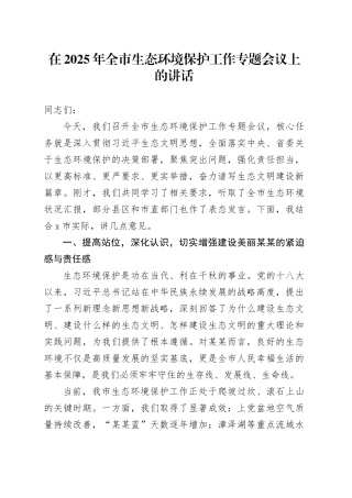 在2025年全市生态环境保护工作专题会议上的讲话