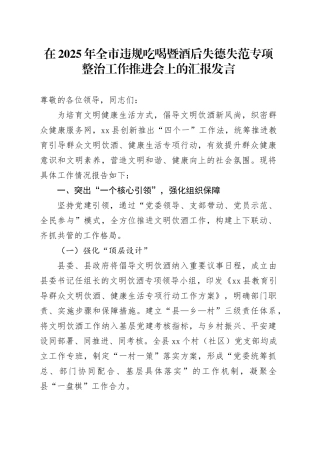 在2025年全市违规吃喝暨酒后失德失范专项整治工作推进会上的汇报发言