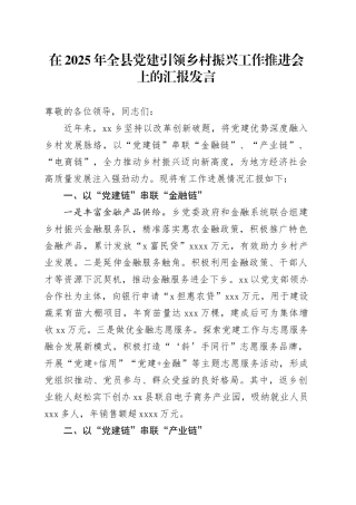 在2025年全县党建引领乡村振兴工作推进会上的汇报发言