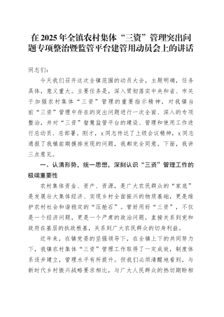 在2025年全镇农村集体“三资”管理突出问题专项整治暨监管平台建管用动员会上的讲话