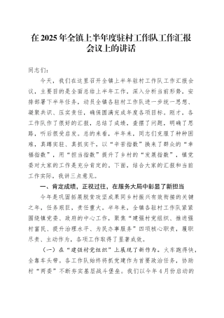 在2025年全镇上半年度驻村工作队工作汇报会议上的讲话