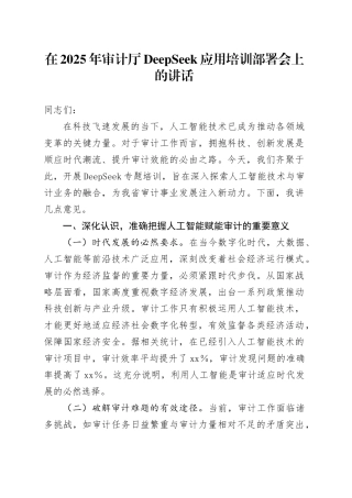 在2025年审计厅DeepSeek应用培训部署会上的讲话