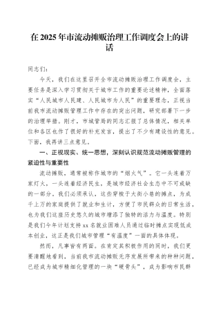 在2025年市流动摊贩治理工作调度会上的讲话