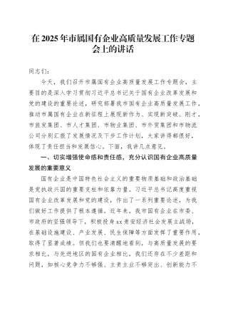 在2025年市属国有企业高质量发展工作专题会上的讲话