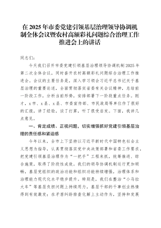 在2025年市委党建引领基层治理领导协调机制全体会议暨农村高额彩礼问题综合治理工作推进会上的讲话
