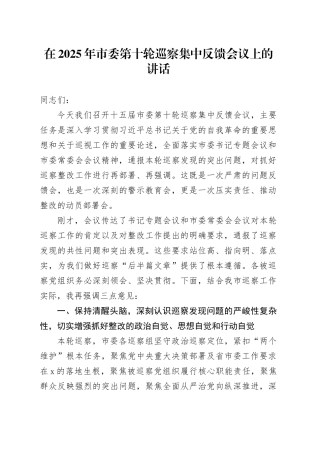 在2025年市委第十轮巡察集中反馈会议上的讲话