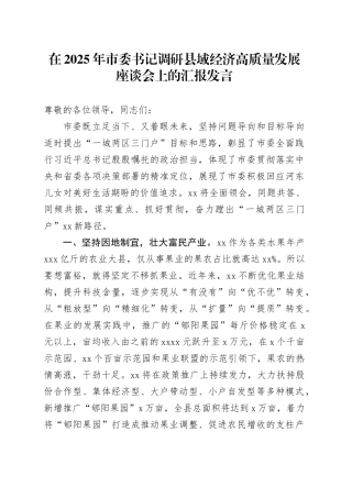 在2025年市委书记调研县域经济高质量发展座谈会上的汇报发言