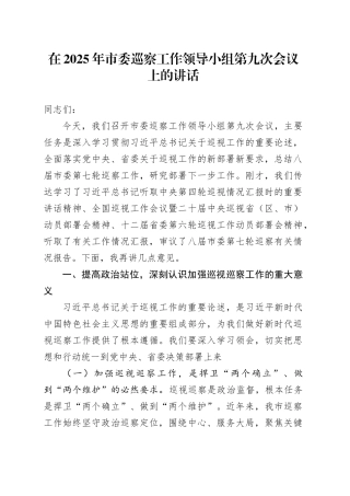 在2025年市委巡察工作领导小组第九次会议上的讲话