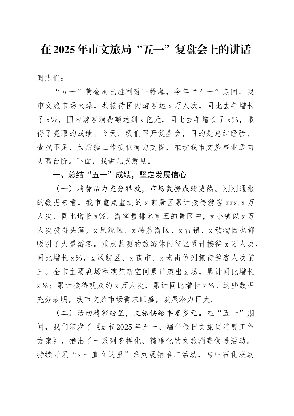 在2025年市文旅局“五一”复盘会上的讲话_第1页