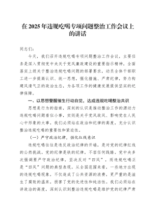 在2025年违规吃喝专项问题整治工作会议上的讲话