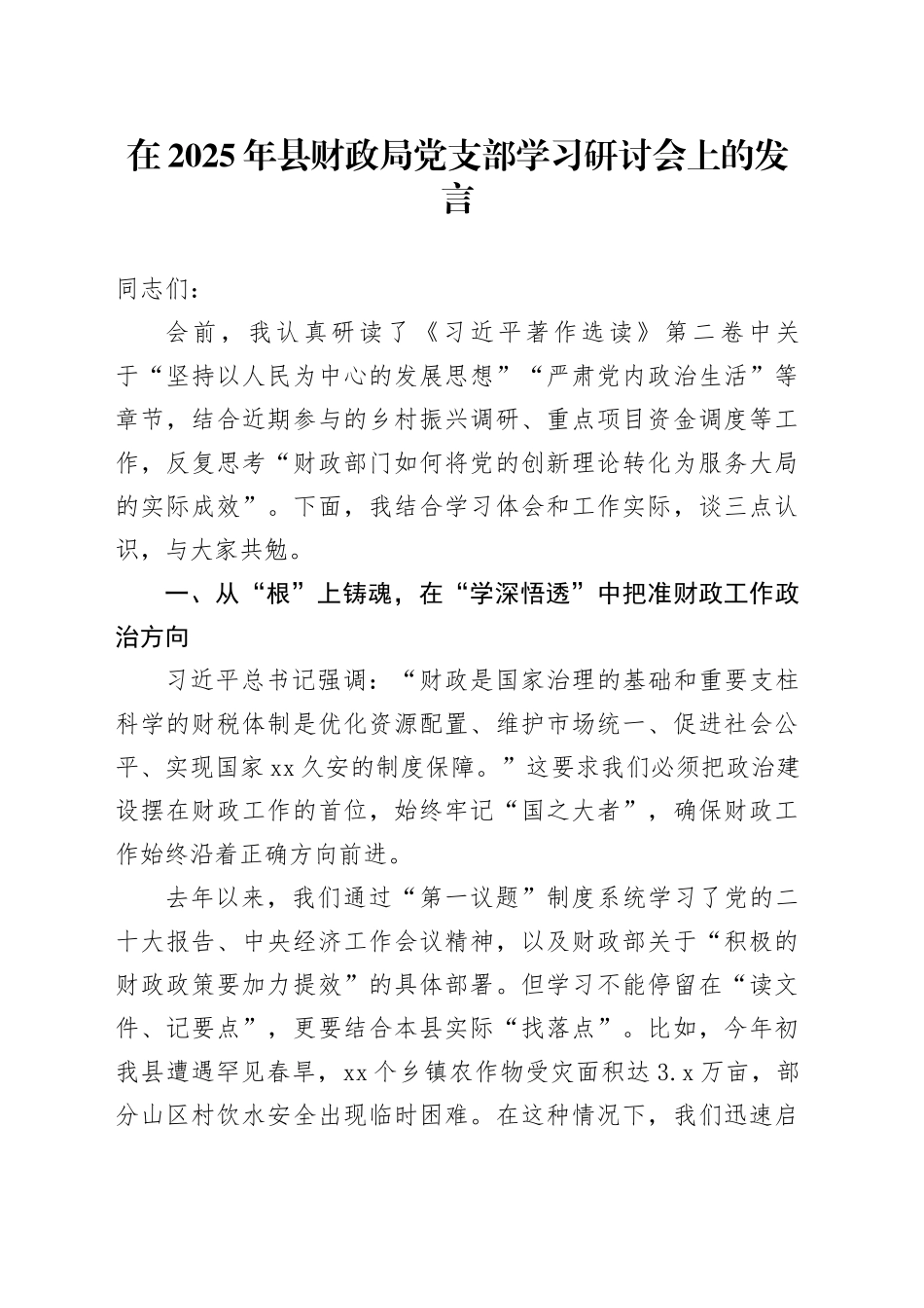 在2025年县财政局党支部学习研讨会上的发言_第1页