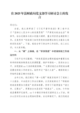 在2025年县财政局党支部学习研讨会上的发言