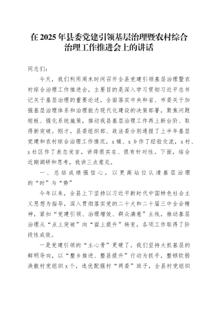 在2025年县委党建引领基层治理暨农村综合治理工作推进会上的讲话