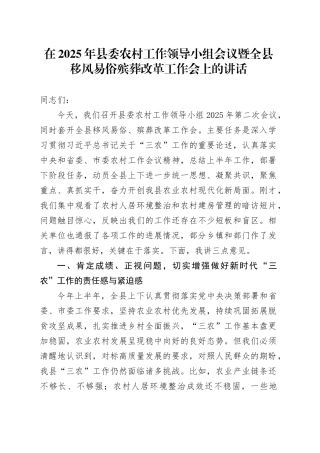 在2025年县委农村工作领导小组会议暨全县移风易俗殡葬改革工作会上的讲话
