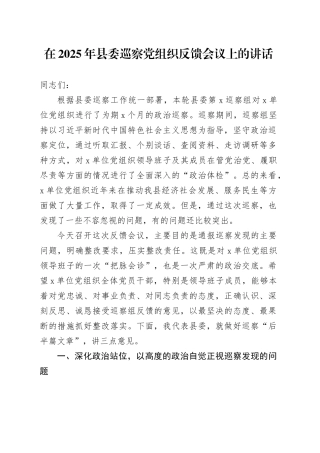 在2025年县委巡察党组织反馈会议上的讲话