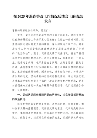 在2025年巡查整改工作情况反馈会上的表态发言