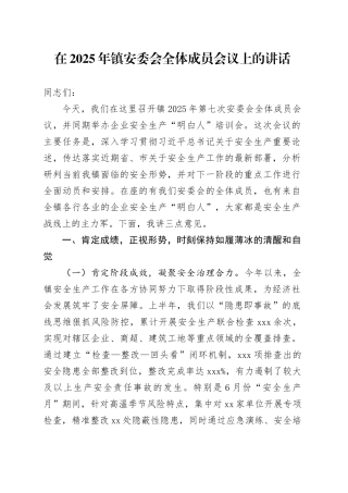 在2025年镇安委会全体成员会议上的讲话