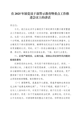 在2025年镇党员干部警示教育暨重点工作推进会议上的讲话
