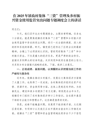在2025年镇农村集体“三资”管理及乡村振兴资金使用监管突出问题专题调度会上的讲话
