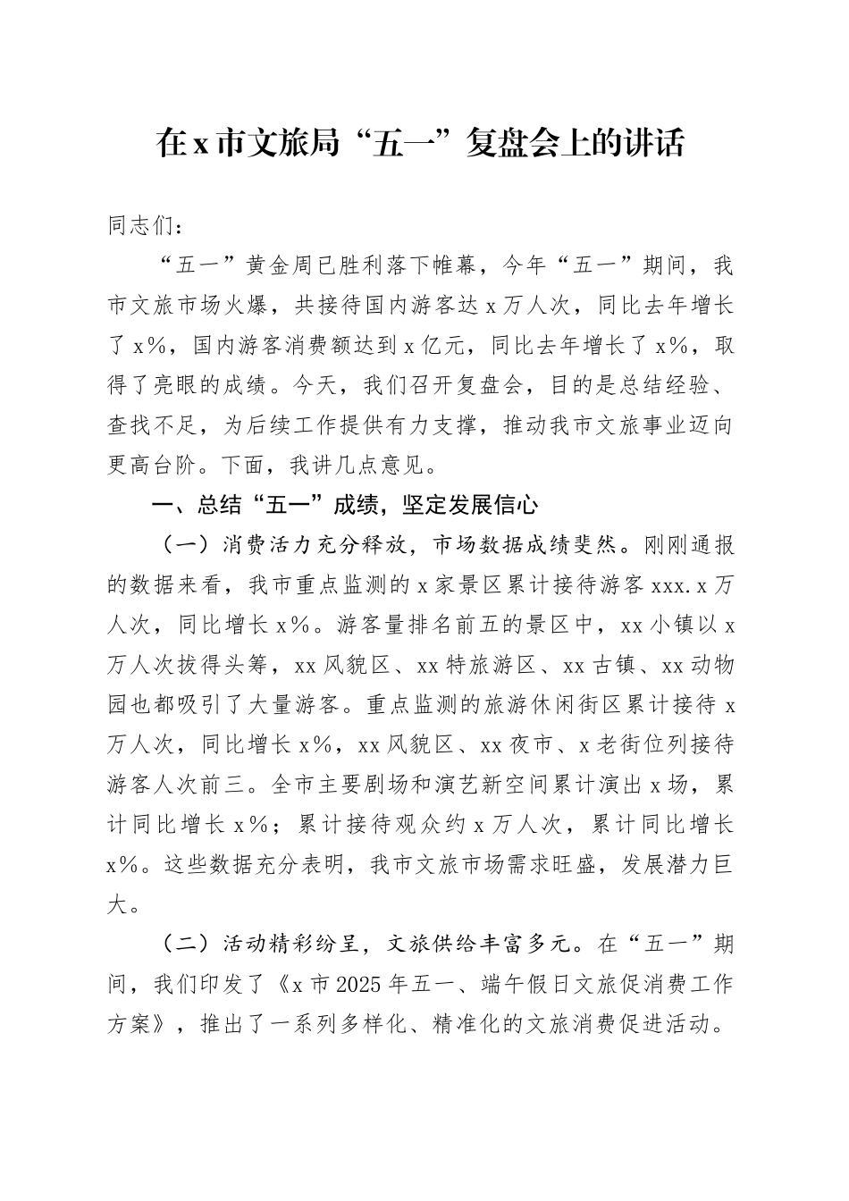在X市文旅局“五一”复盘会上的讲话_第1页