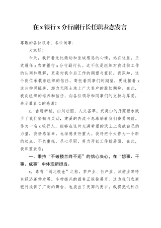 在X银行X分行副行长任职表态发言