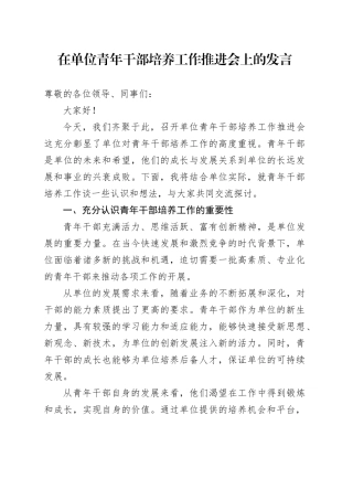 在单位青年干部培养工作推进会上的发言