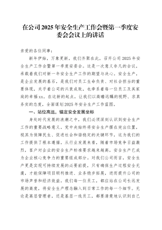 在公司2025年安全生产工作会暨第一季度安委会会议上的讲话