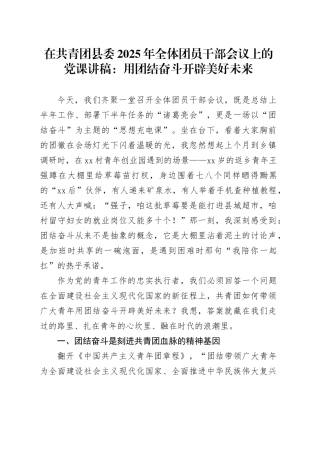 在共青团县委2025年全体团员干部会议上的党课讲稿：用团结奋斗开辟美好未来