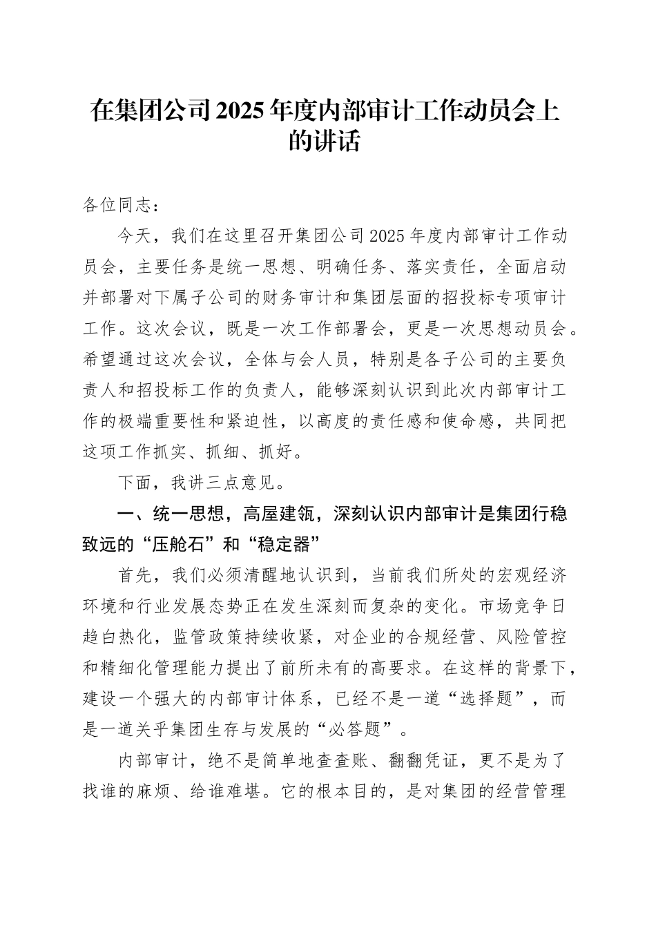 在集团公司2025年度内部审计工作动员会上的讲话_第1页
