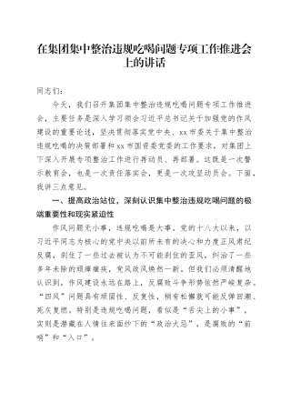在集团集中整治违规吃喝问题专项工作推进会上的讲话
