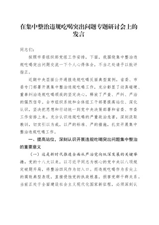 在集中整治违规吃喝突出问题专题研讨会上的发言