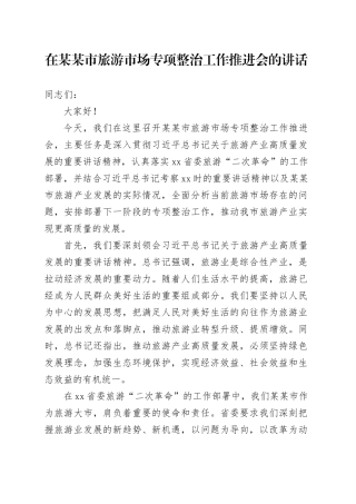 在某某市旅游市场专项整治工作推进会的讲话