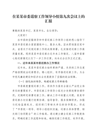 在某某市委巡察工作领导小组第九次会议上的汇报