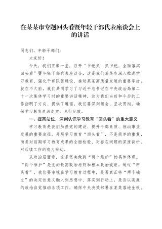 在某某市专题回头看暨年轻干部代表座谈会上的讲话