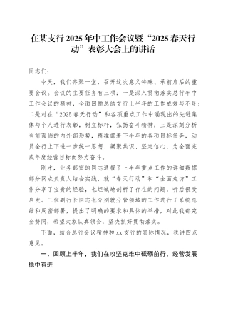 在某支行2025年中工作会议暨“2025春天行动”表彰大会上的讲话