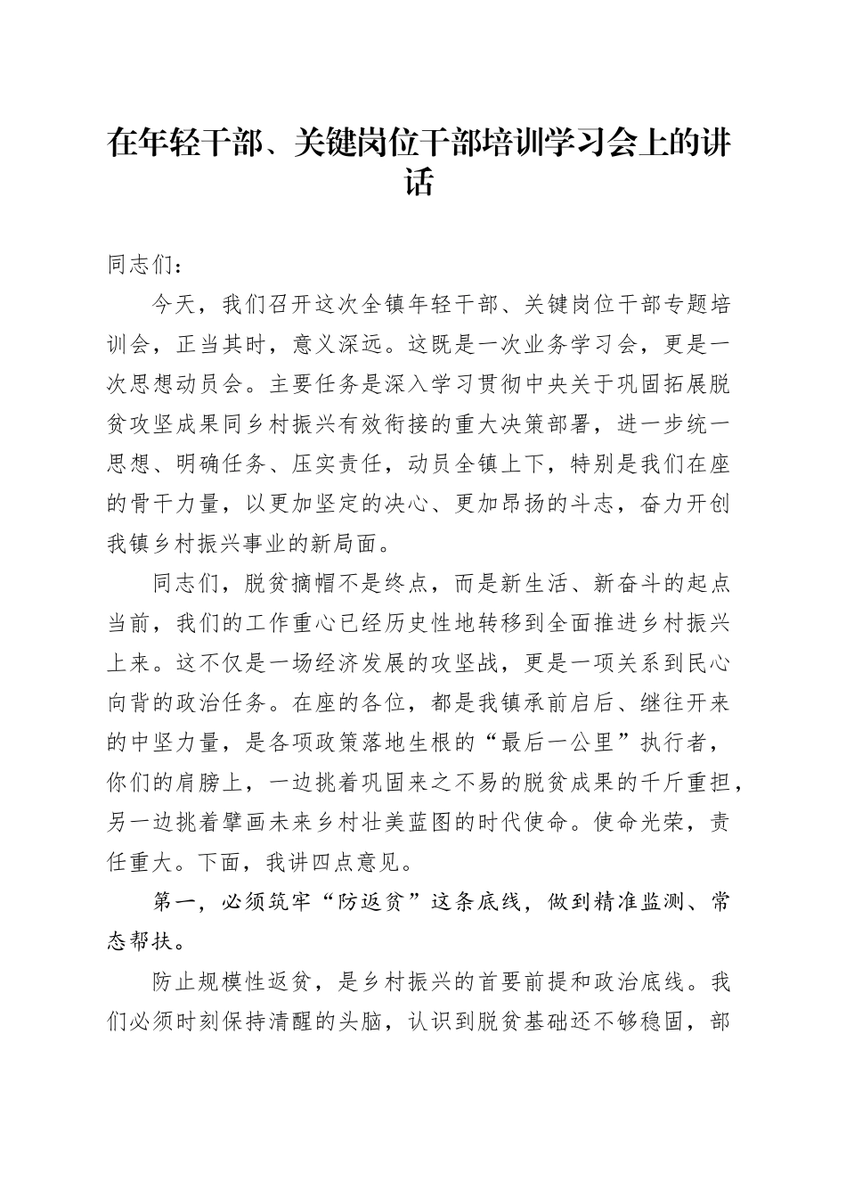 在年轻干部、关键岗位干部培训学习会上的讲话_第1页