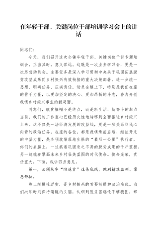 在年轻干部、关键岗位干部培训学习会上的讲话