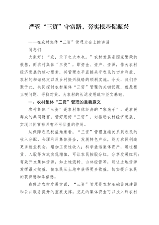 在农村集体“三资”管理大会上的讲话