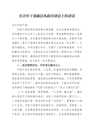 在青年干部廉洁从政培训会上的讲话