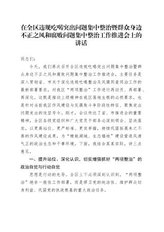 在全区违规吃喝突出问题集中整治暨群众身边不正之风和腐败问题集中整治工作推进会上的讲话