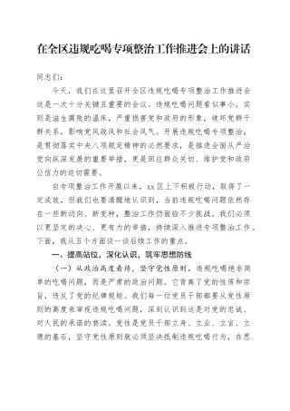 在全区违规吃喝专项整治工作推进会上的讲话