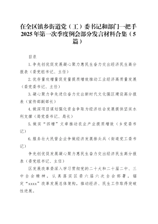 在全区镇乡街道党（工）委书记和部门一把手2025年第一次季度例会部分发言材料合集（5篇）