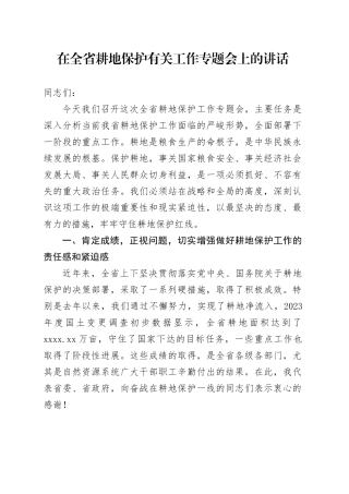 在全省耕地保护有关工作专题会上的讲话