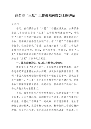 在全市“三夏”工作视频调度会上的讲话